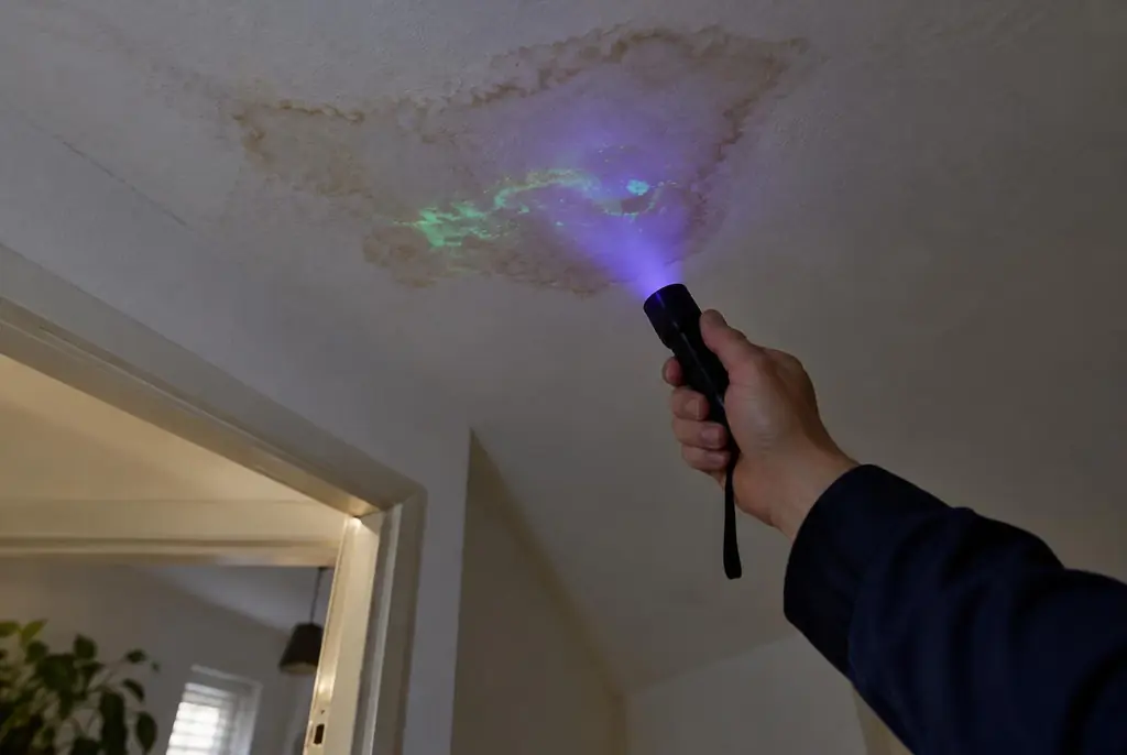 Lekdetectie Uddel – kleurstof controleren op het plafond met uv-licht