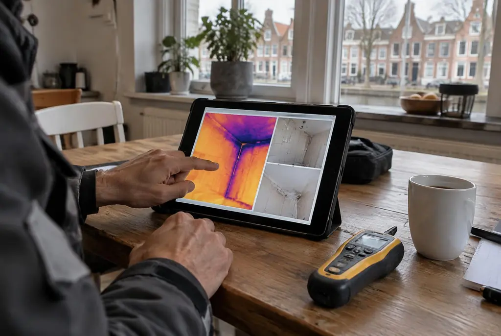 Lekdetectie Uddel – lekdetectierapport met warmtebeelden en foto's op een tablet