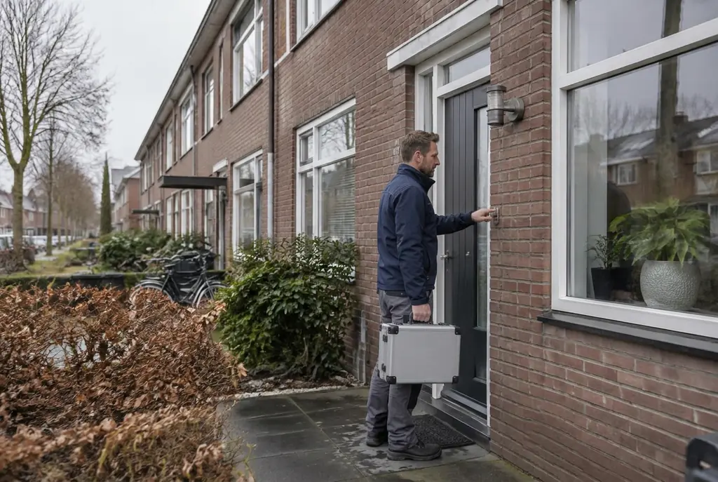 Lekdetectiespecialist met meetkoffer bij de voordeur van een woning in Uddel